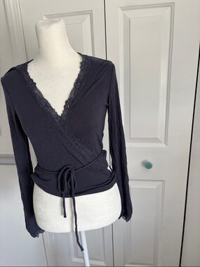 Victoria's Secret Black Lace Trim Wrap-Style Long Sleeve Top